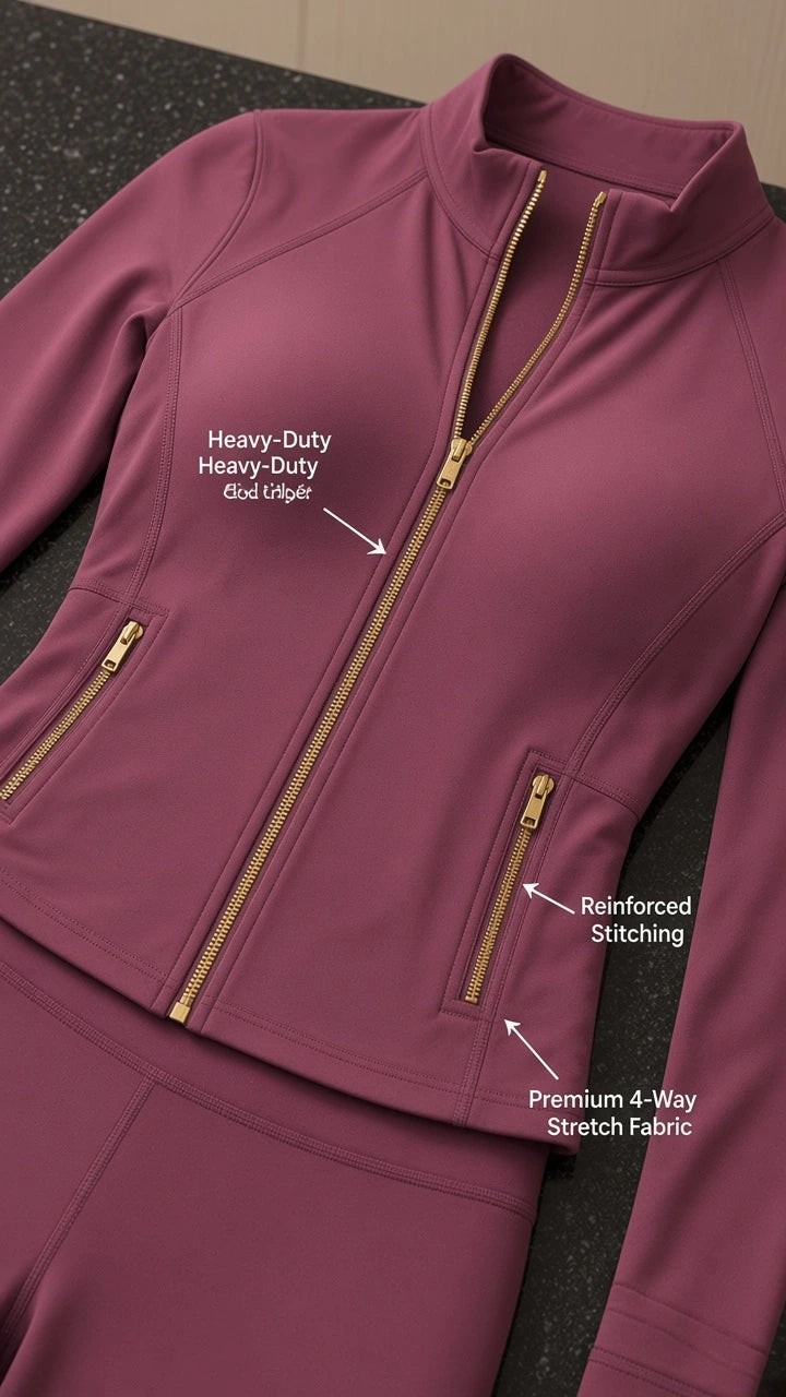 Close-up flat lay of mauve zip-up active jacket showing gold zippers and panel stitching