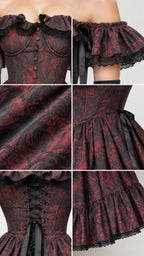 Detail grid showing corset neckline, off-shoulder lace ruffle sleeve, fabric texture, and lace-up back