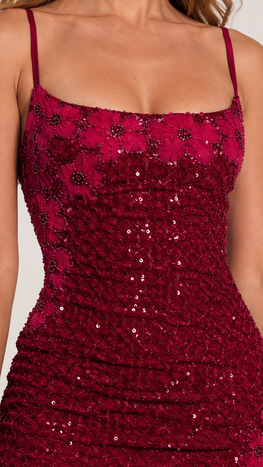 Close-up detail of bodice showing intricate Wine Red floral embroidery and shimmering sequins