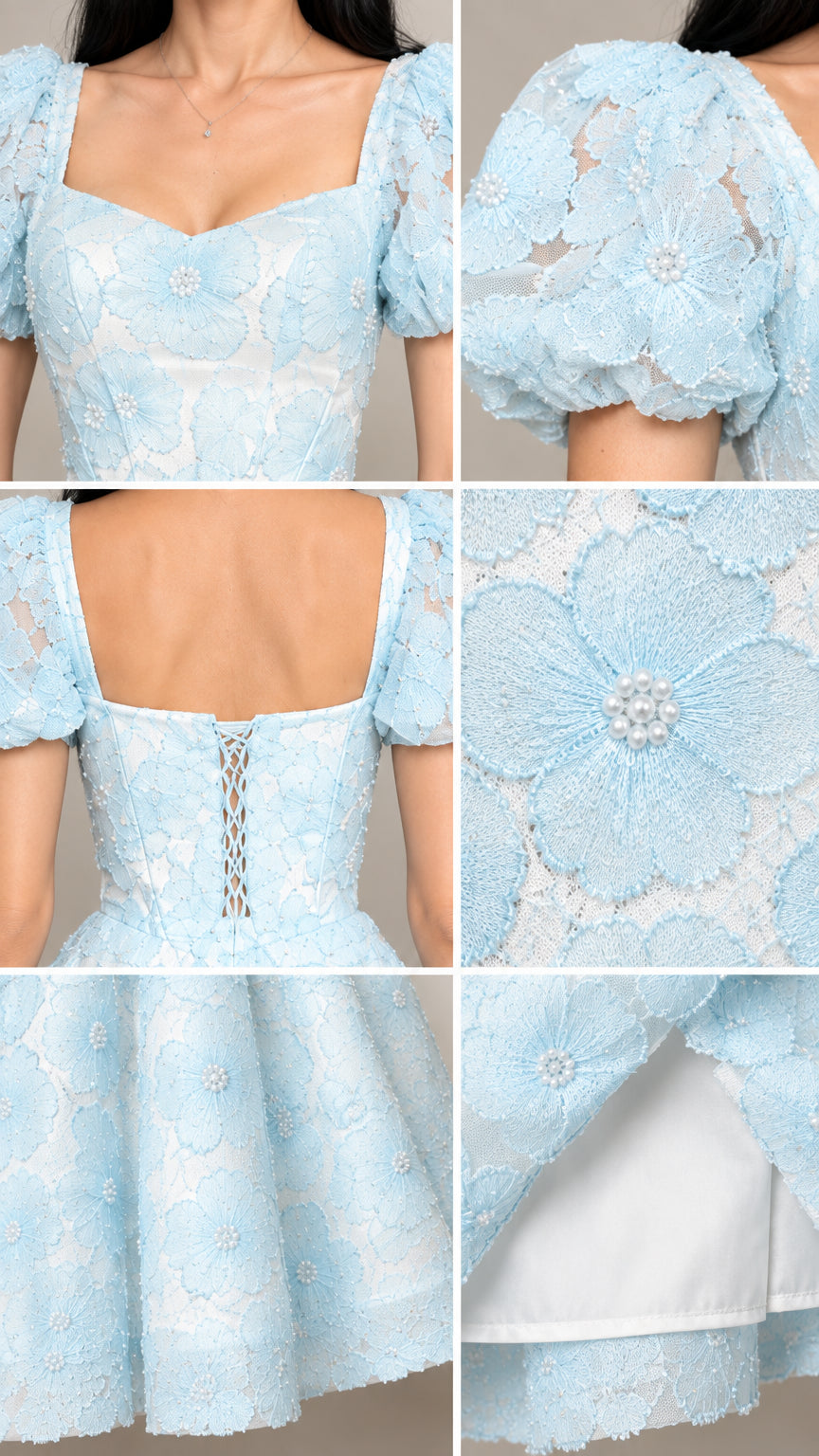 Detailed collage of Light Blue dress neckline, puff sleeve, lace-up back, and floral applique with pearls