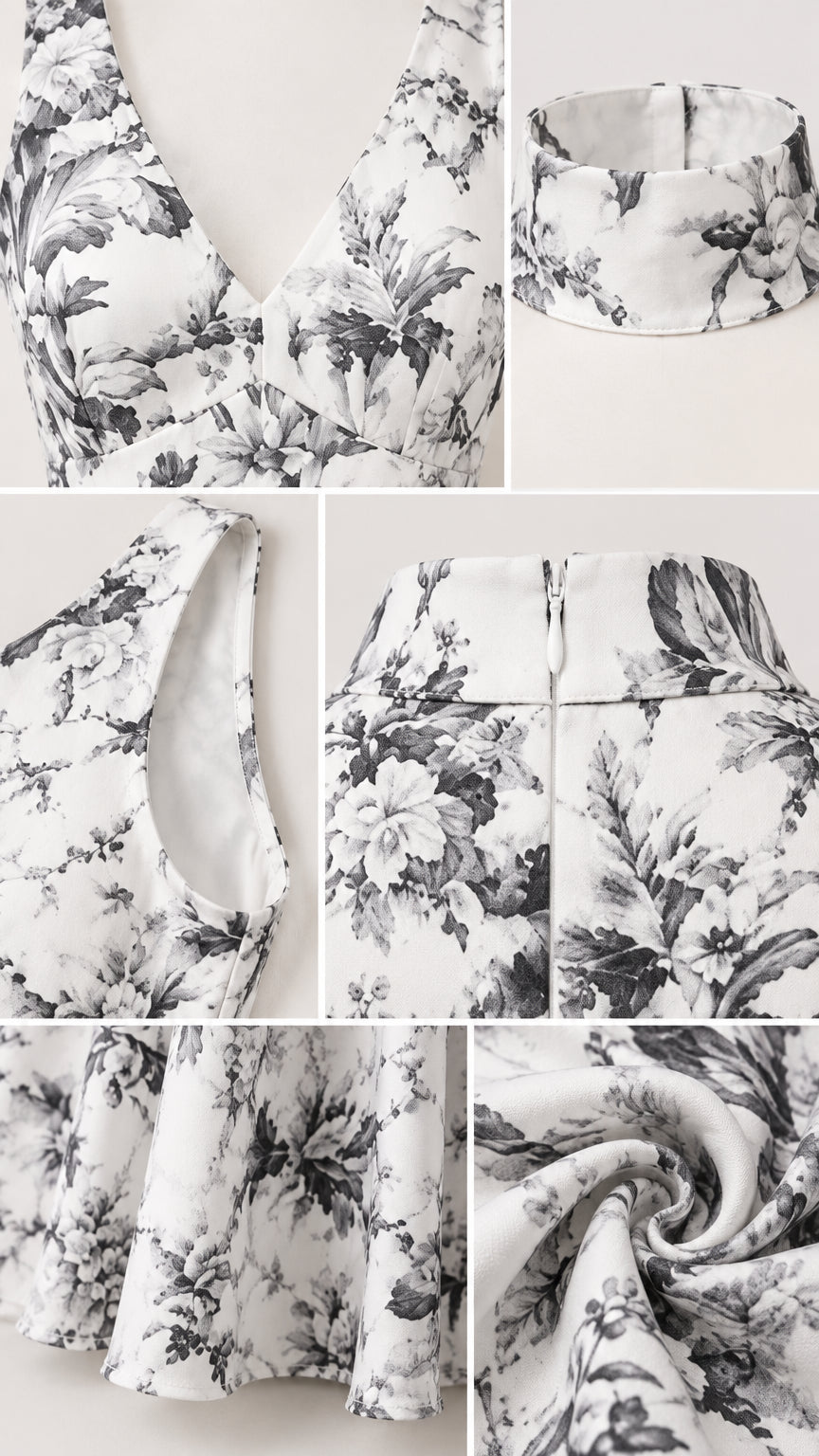 Detail view of choker collar, V-neckline, back zipper, and hemline on floral dress