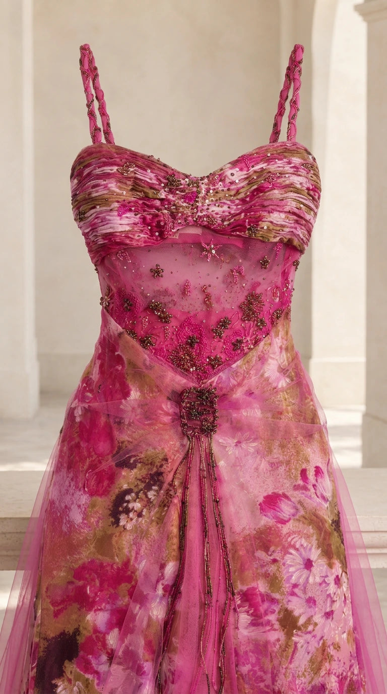 Close-up of ruched sweetheart bodice with intricate beading and floral print detail