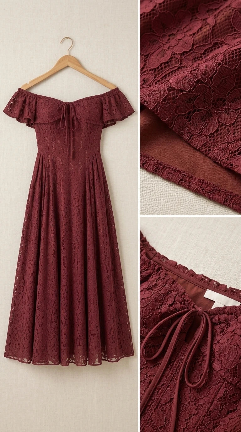 Product flat lay and fabric close-up of burgundy lace dress detailing lining and tie neck