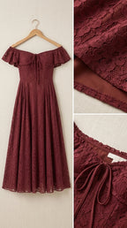 Product flat lay and fabric close-up of burgundy lace dress detailing lining and tie neck