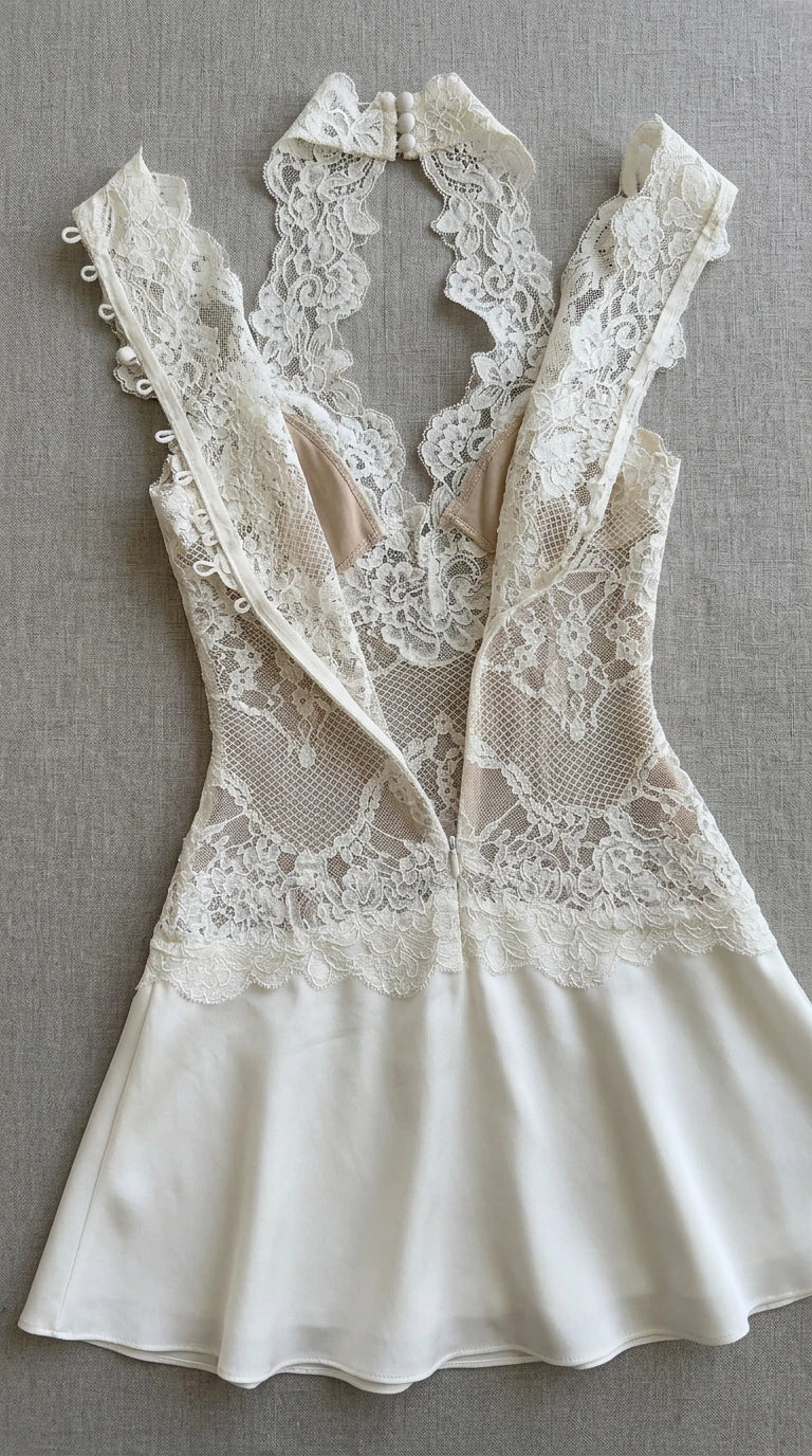Flat lay view of white lace halter drop waist mini dress showing bodice and skirt construction