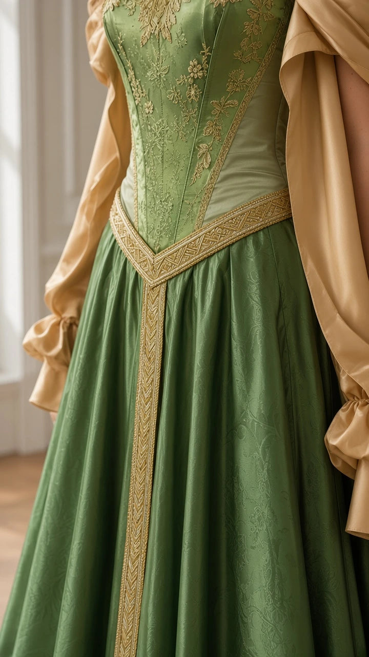 Detailed close-up of green corset bodice featuring intricate gold floral embroidery and braided metallic trim