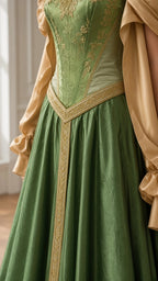 Detailed close-up of green corset bodice featuring intricate gold floral embroidery and braided metallic trim