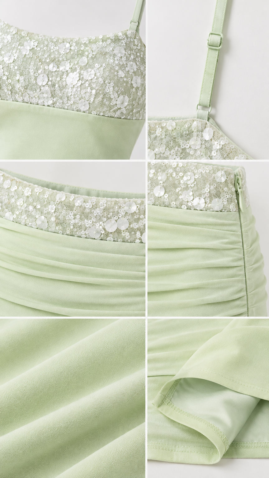 Close-up details of sage green sequin embellishments, adjustable straps, skirt ruching, and zipper