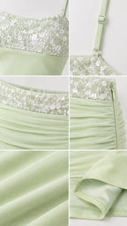 Close-up details of sage green sequin embellishments, adjustable straps, skirt ruching, and zipper
