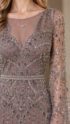 Close-up detail of illusion mesh neckline and intricate sequin beading on mauve dress