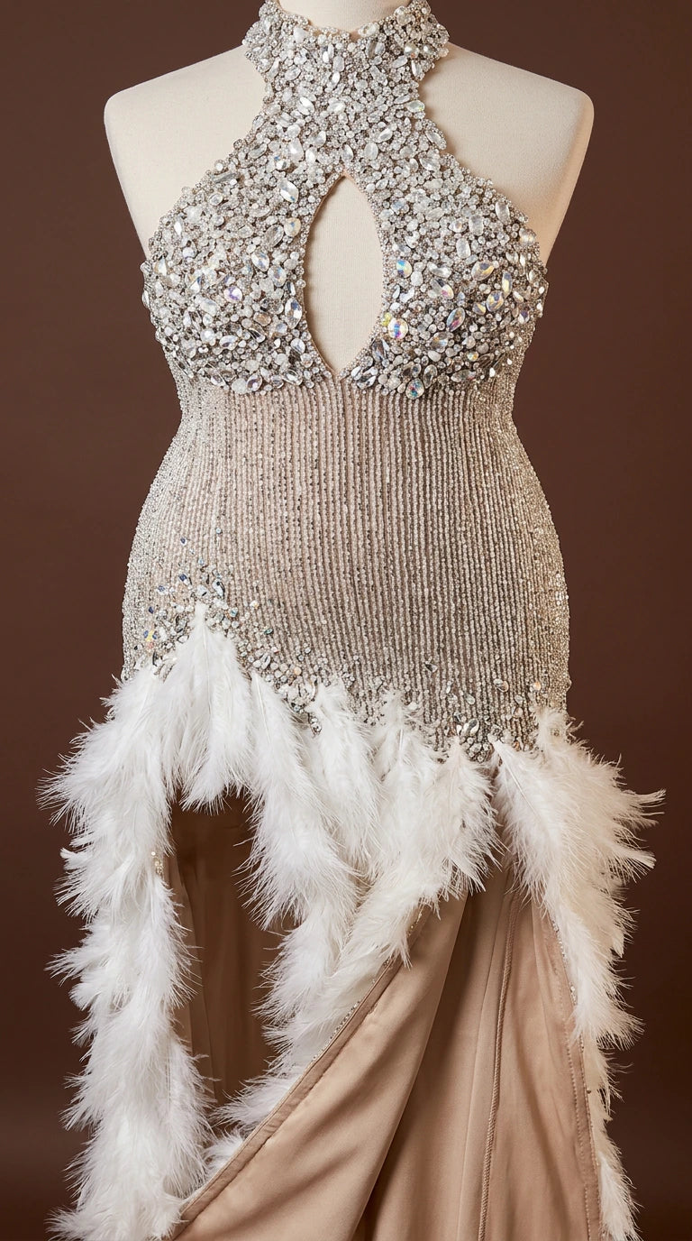 Close-up of mannequin showcasing detailed crystal rhinestone halter neckline, beading, and white feather trim