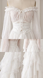 Close-up details of corset lace-up waist and ruffled neckline