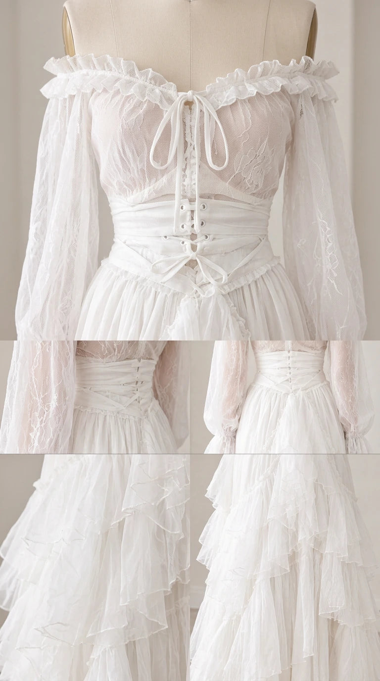 Close-up details of corset lace-up waist and ruffled neckline