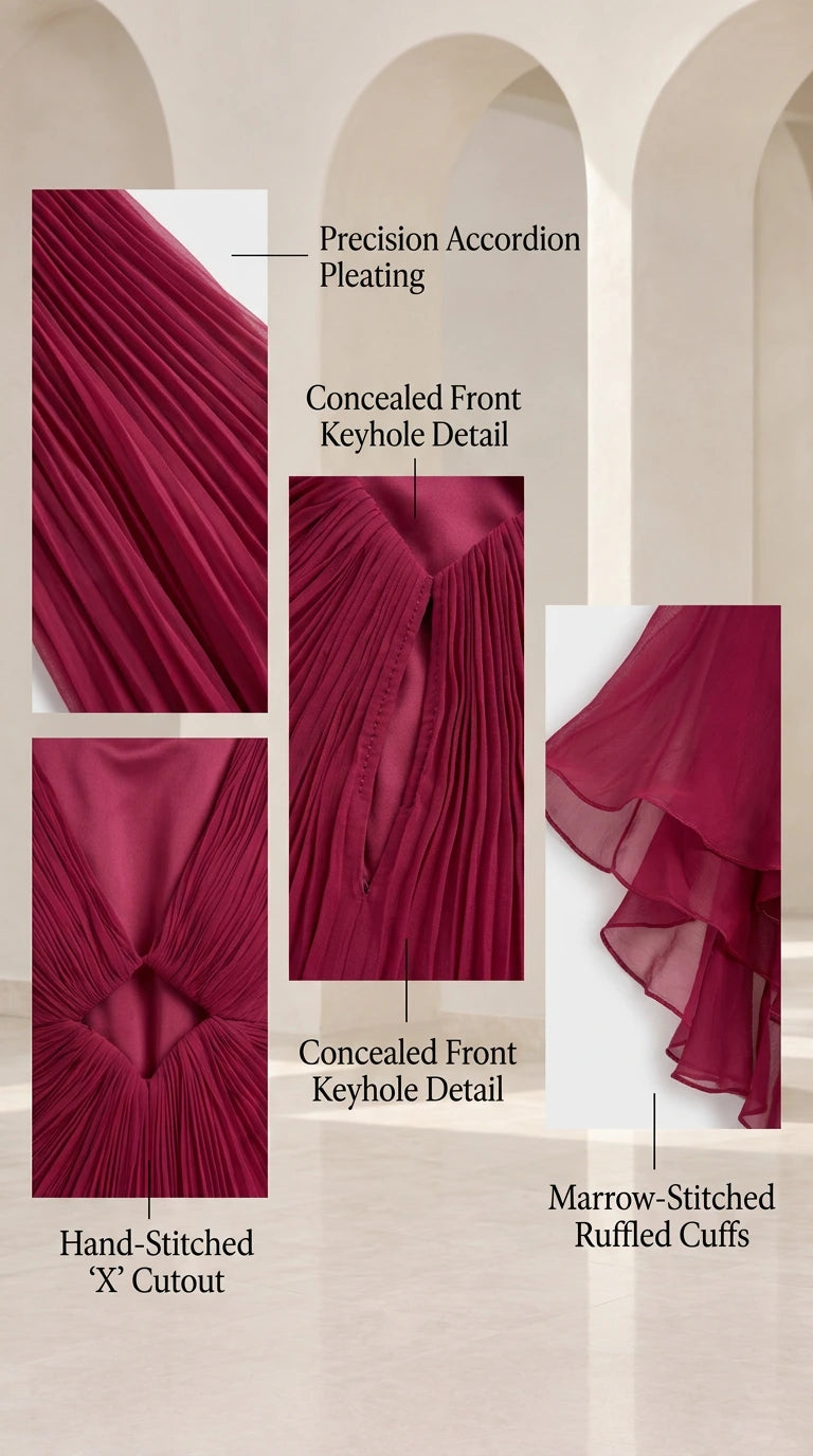 Close-up details of accordion pleats, keyhole front cutout, and marrow-stitched sleeve cuffs