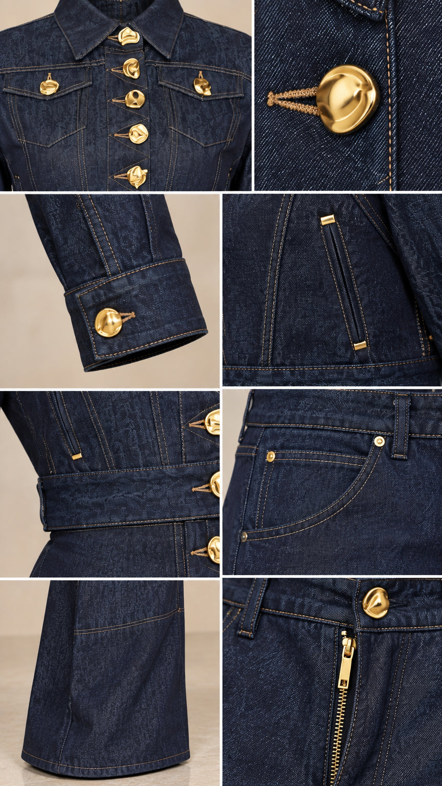 Detailed close-ups of gold dome buttons, collar, cuff, pocket, and zipper construction