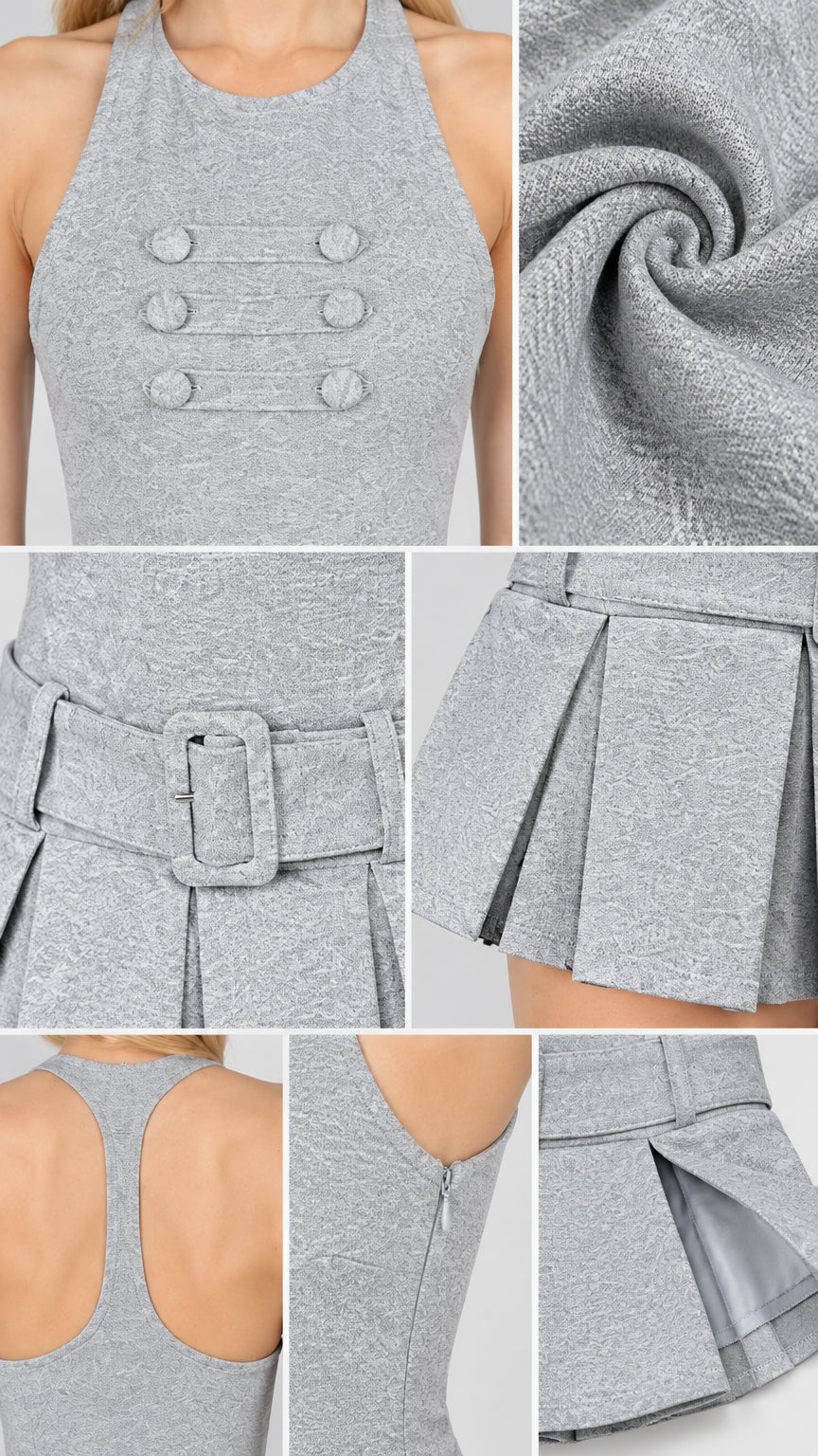 Detailed collage showing decorative chest buttons, fabric weave, buckle belt, pleating, and side zipper