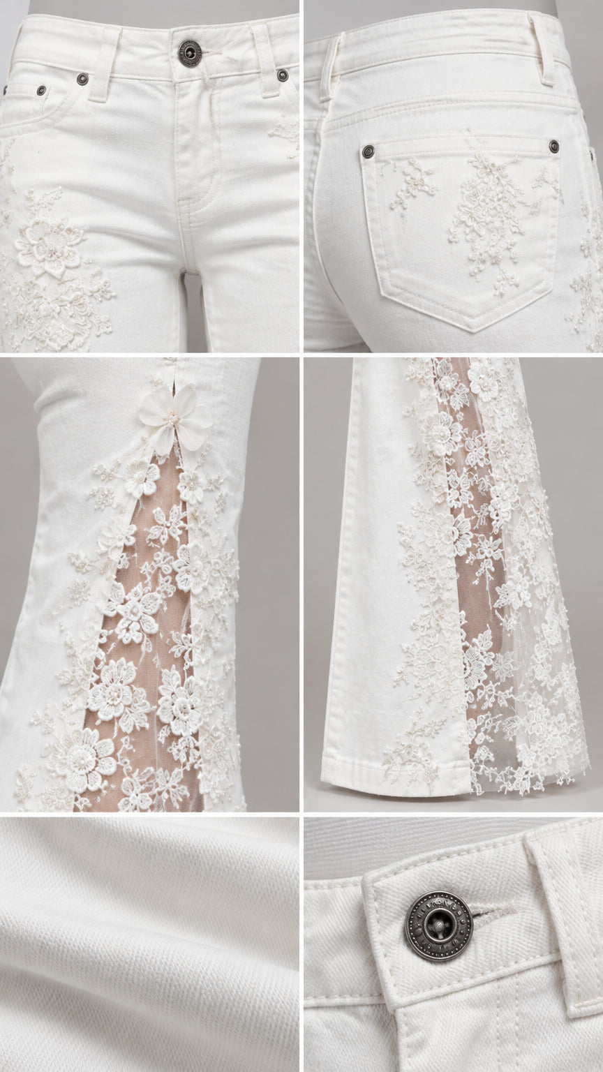 Close-up details of white denim fabric, button closure, pocket embroidery, and sheer lace insert
