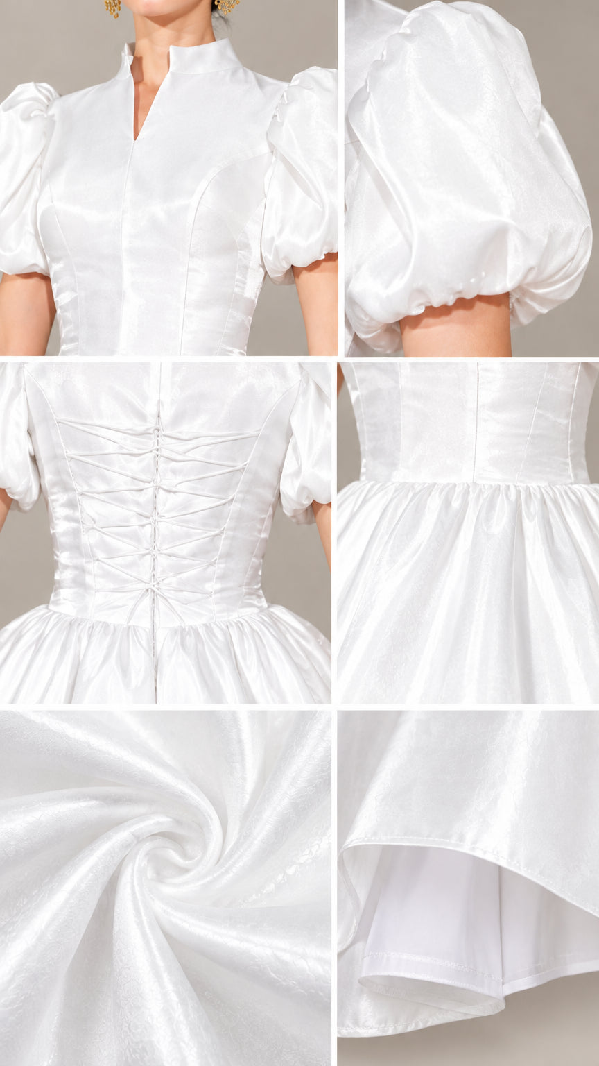 Close-up details of white satin gown collar, sleeves, corset lacing, and fabric