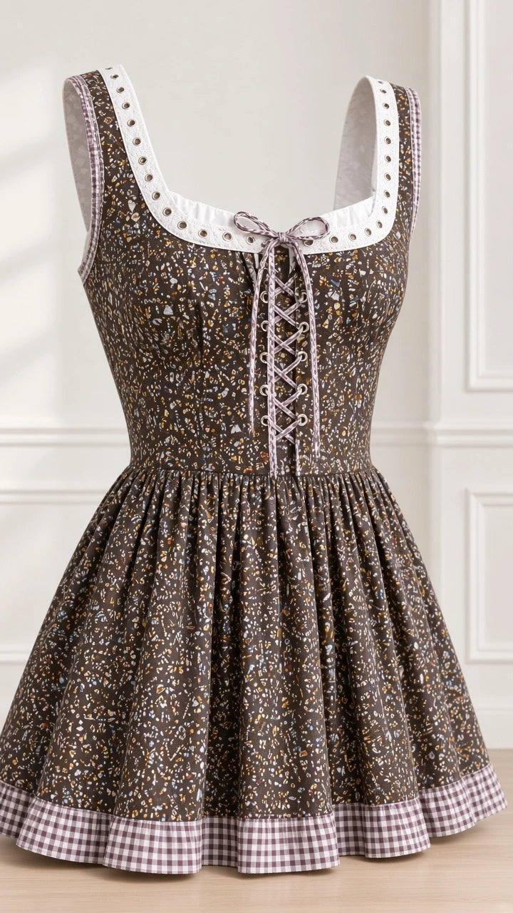 Close-up detail of bodice lacing, eyelet neckline trim, and gingham hem on brown floral dress