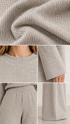 Close-up details of heather grey ribbed knit fabric texture, neckline, sleeve cuff, and waistband