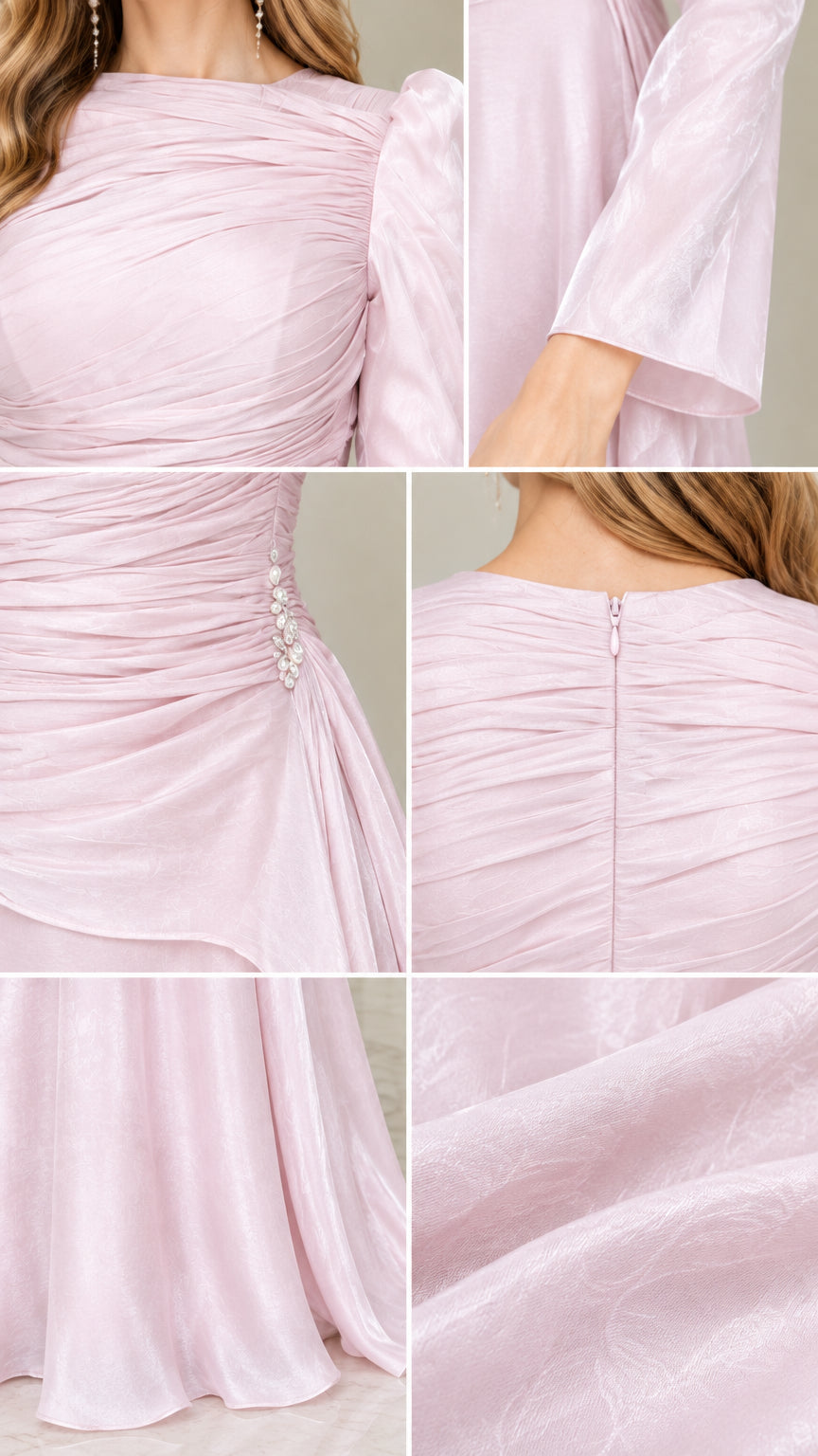 Detail composite of blush pink gown showing ruched neckline, flared sleeve cuff, beaded waist drape, back zipper, and textured fabric