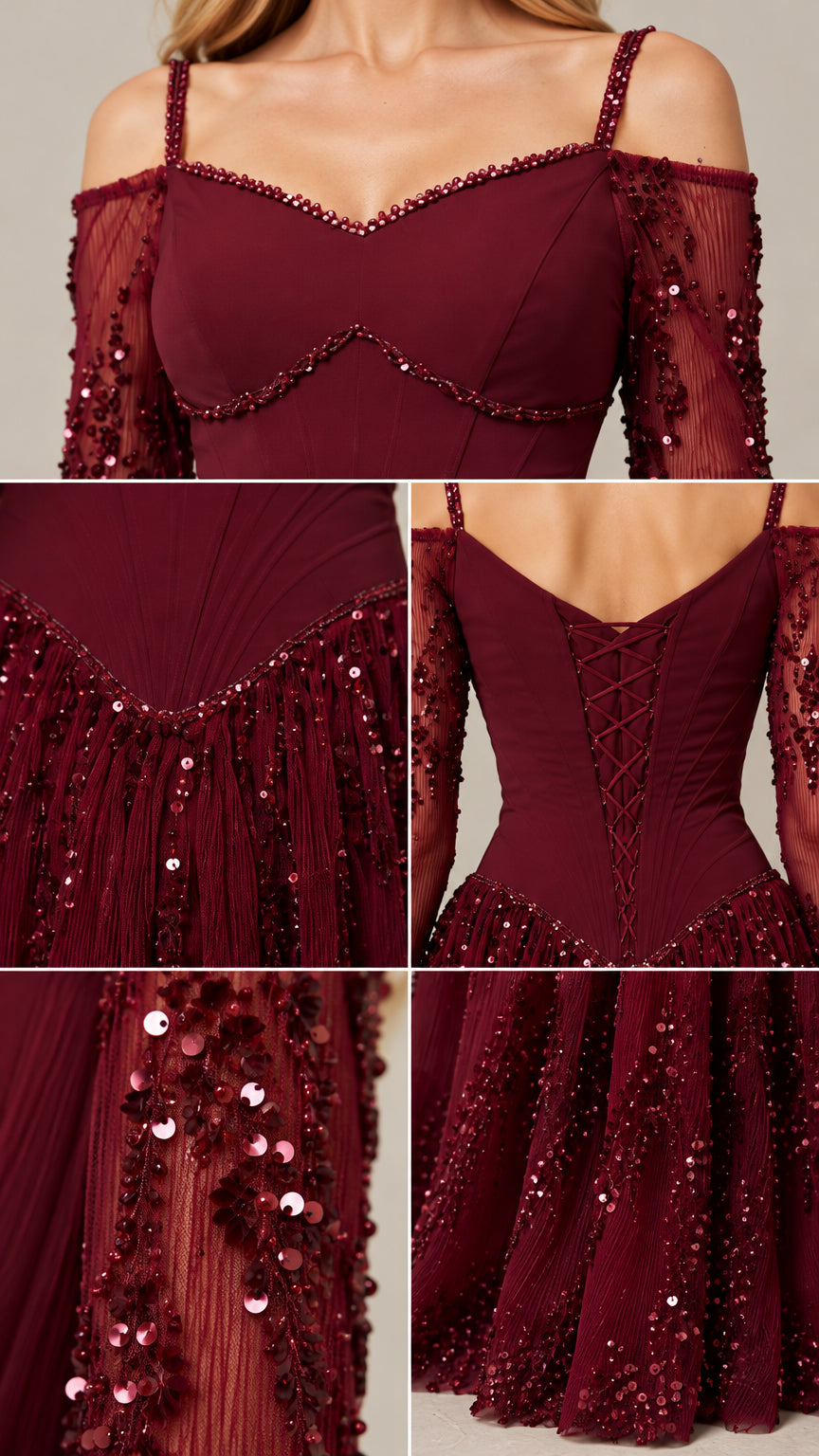 Close-up details of beaded sweetheart neckline, drop waist corset, and sequins