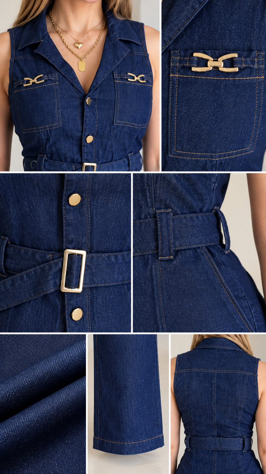 Close-up details of dark blue vest buttons, metallic pocket clasps, fabric belt, and hem stitching