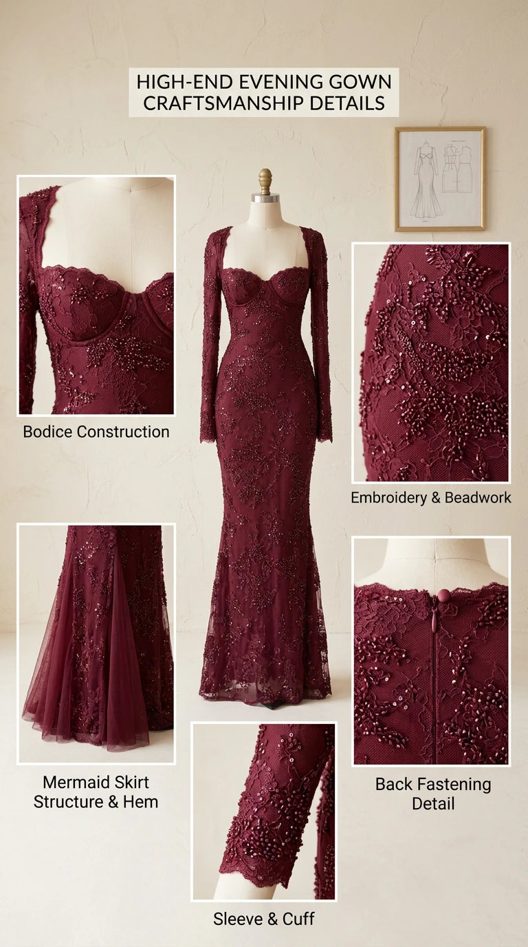 Craftsmanship detail collage showing bodice construction, beaded embroidery, mermaid skirt, and back zipper