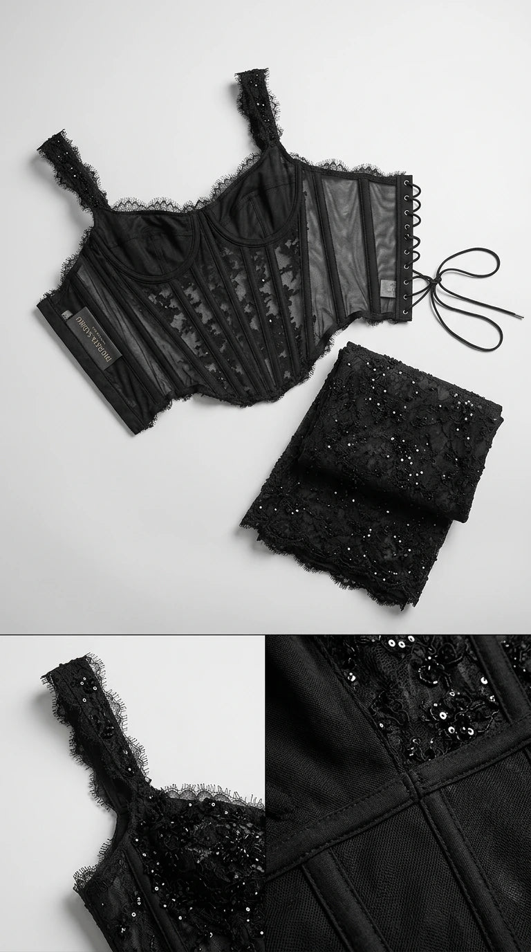 Flat lay and close-up detail of black lace boned corset bodice with straps and matching skirt