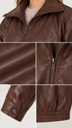 Close-up details of brown faux leather jacket including collar, textured grain, zipper, snap cuff, and elastic hem