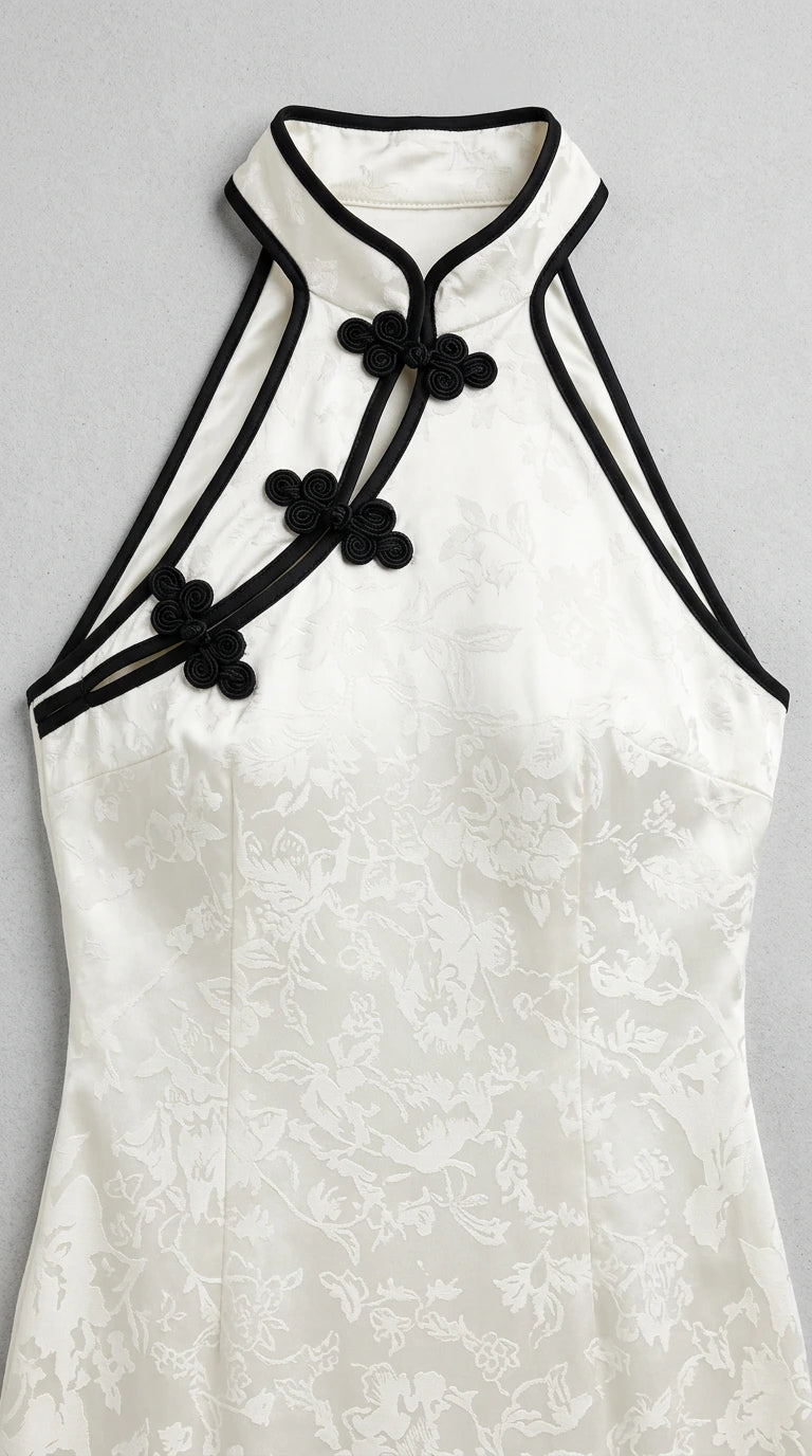 Close up of mandarin halter neckline, contrast black trim, and floral jacquard weave