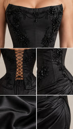 Close-up details of embroidered beaded bodice, lace-up back, and draped satin fabric
