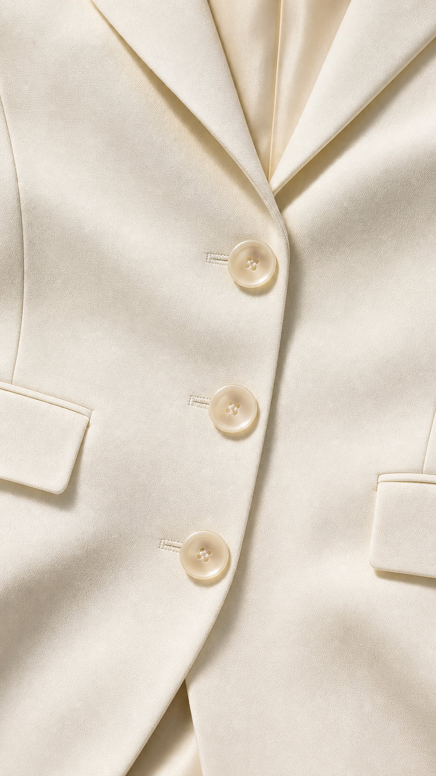 Close-up detail of three-button front closure and notch lapels on ivory blazer