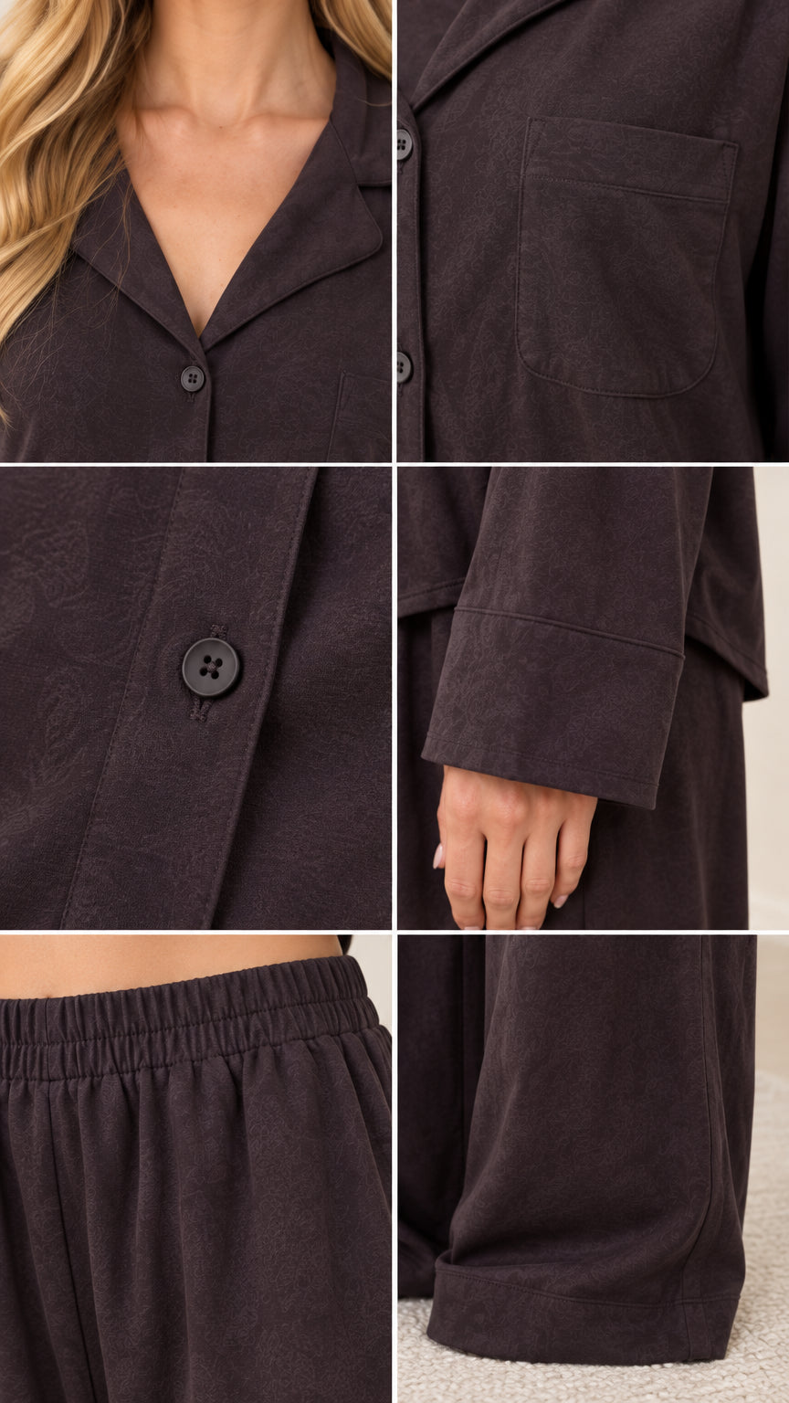 Detailed collage showing collar, chest pocket, buttons, sleeve cuff, elastic waistband, and pant hem