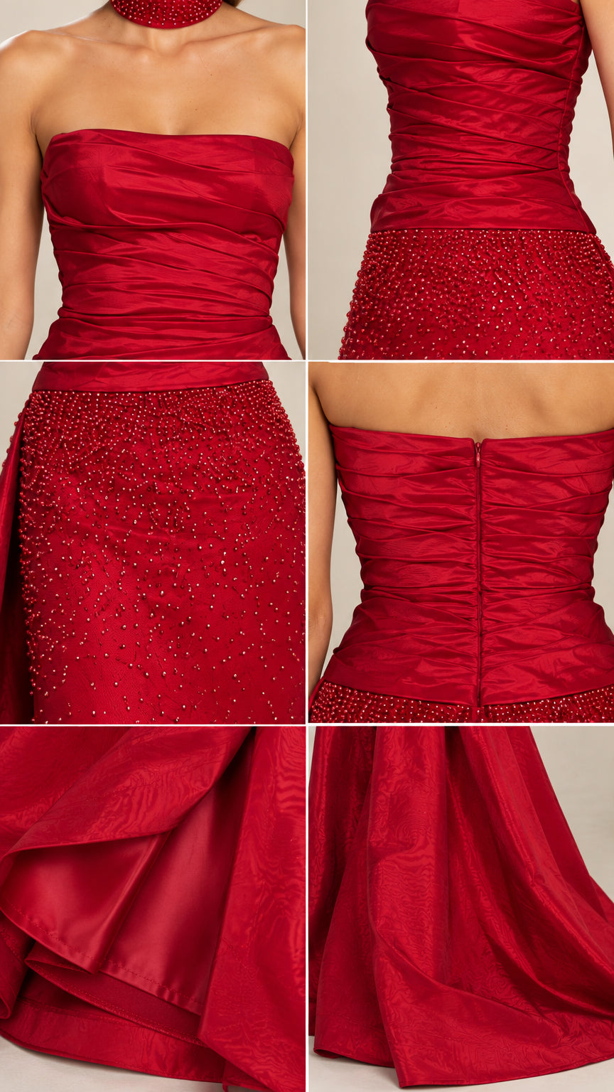 Close-up collage of ruched strapless bodice, beadwork, back zip, and hem of red formal gown