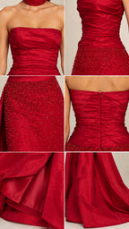 Close-up collage of ruched strapless bodice, beadwork, back zip, and hem of red formal gown