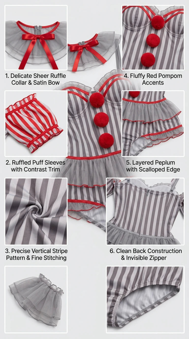 Detailed close-up collage showing ruffled sheer collar, puff sleeves, red pom-poms, and fabric texture