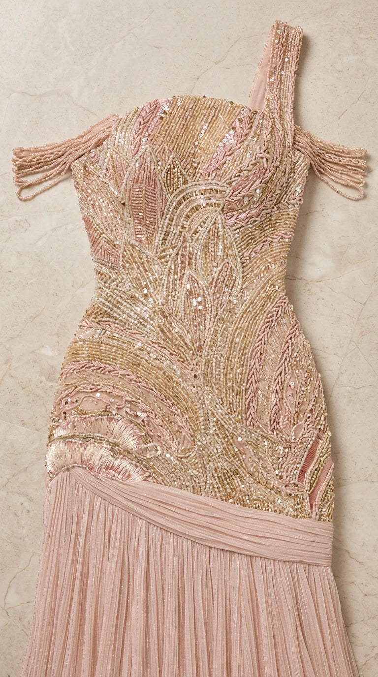 Close-up flat lay view showing intricate sequin and bead embroidery on blush gown bodice