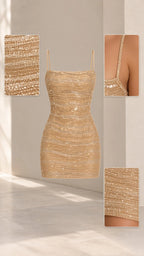 Flat product layout and close-up fabric detail of gold sequin ruched dress