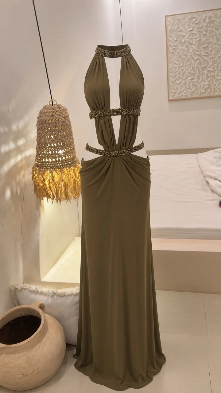 Olive Green halter cutout floor length dress isolated view
