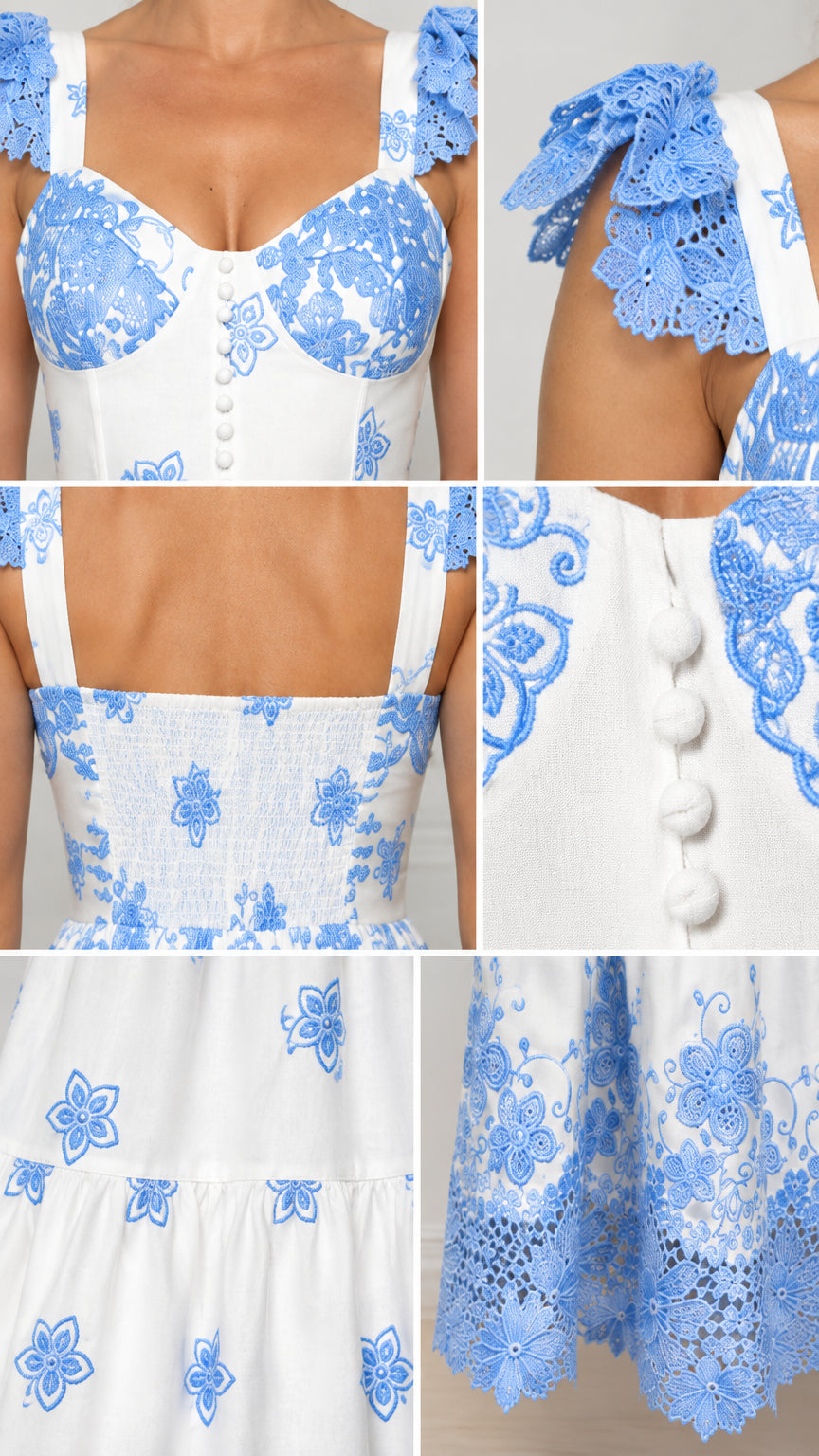 Detailed collage showing bustier cups, covered buttons, smocking, and cutwork hem