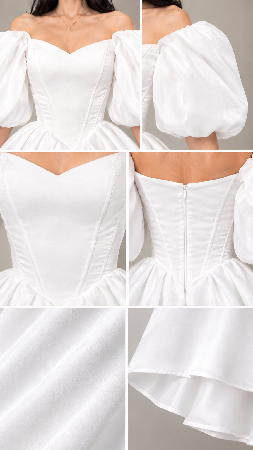 Close-up detail collage showing the corset bodice, puff sleeve, back zipper, and fabric texture of the white gown
