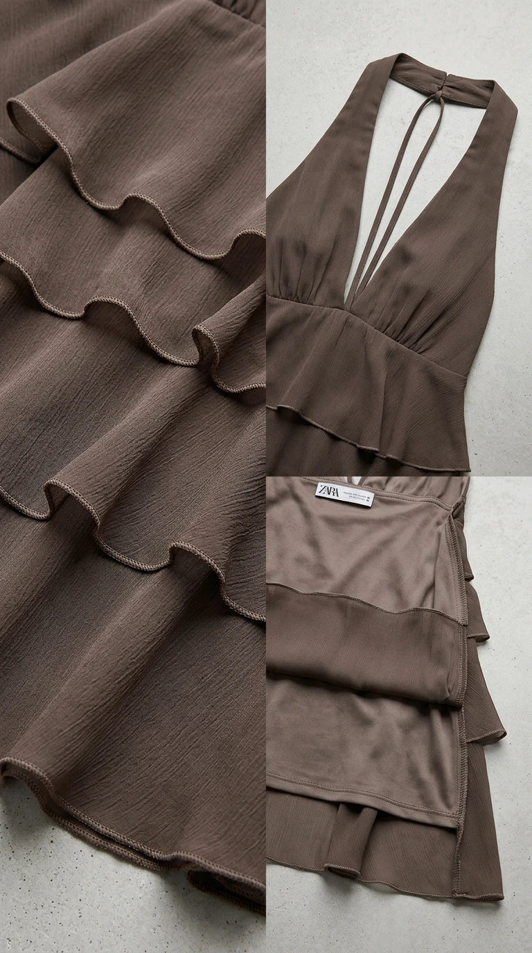 Close-up details of mocha brown textured ruffle layers, halter straps, and lining