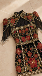 Close-up flat lay of black embroidered mini dress showing beaded neckline and tassel details