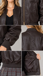 Close-up details of faux leather bomber jacket showing collar, zipper, cuff ribbing, back yoke, and inner lining
