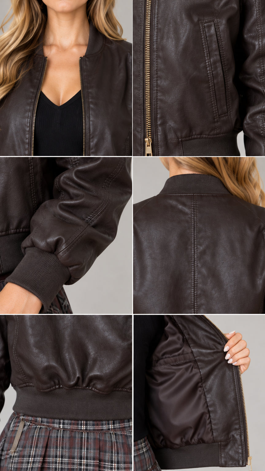 Close-up details of faux leather bomber jacket showing collar, zipper, cuff ribbing, back yoke, and inner lining