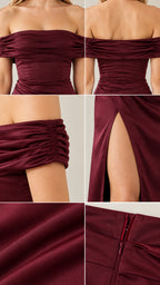 Close-up details of burgundy satin gown including neckline, back, ruched sleeve, thigh slit, and zip closure