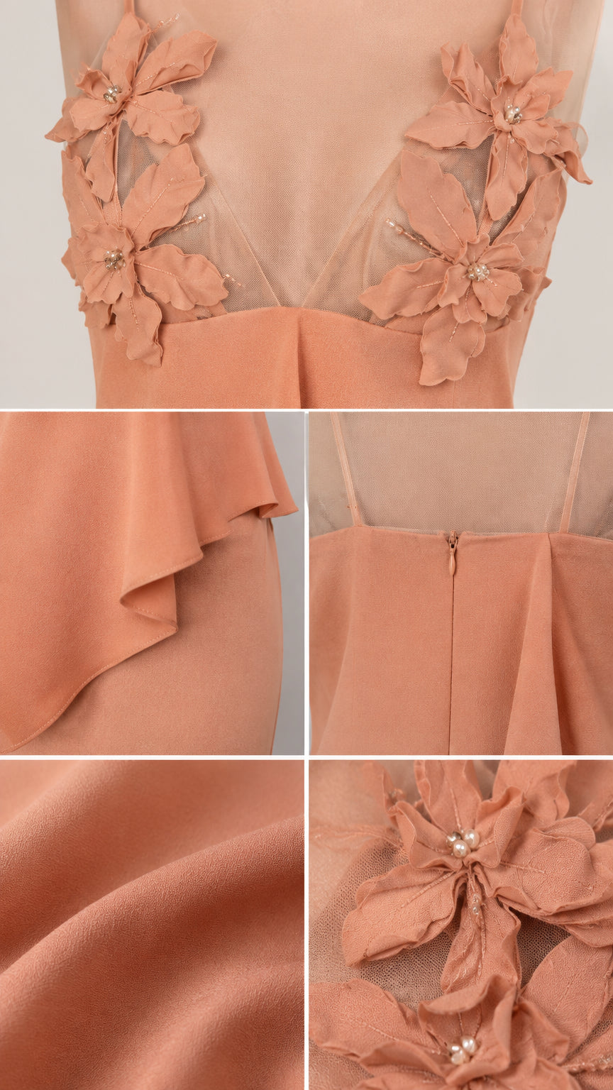Close-up details of 3D floral appliques, sheer plunge bodice, peplum ruffle, and back zipper