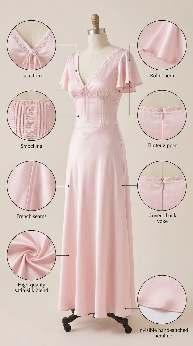 Garment construction closeups showing lace trim, flutter sleeve hem, smocked details, and back zipper
