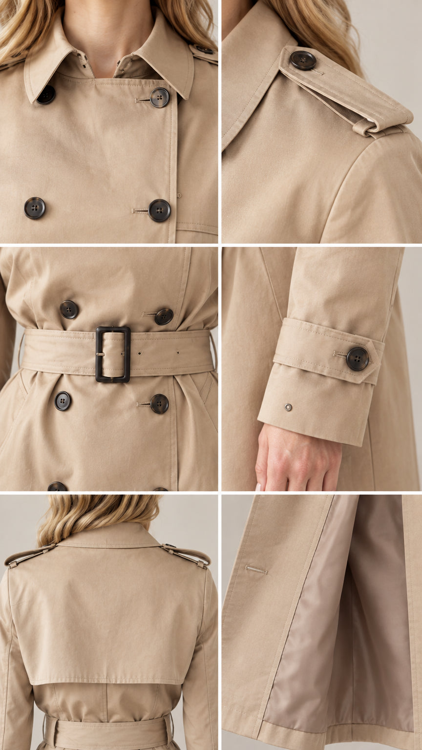 Close-up details of trench coat collar, shoulder epaulets, belt buckle, cuff straps, and lining